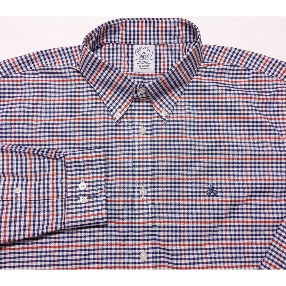 BROOKS BROTHERS Long Sleeve Button Shirt XL Logo Front Blue Red Gingham Check